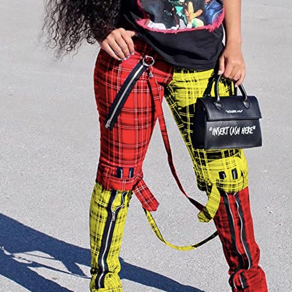 Women's Casual Plaid Color Block Stretchy High Waist patchwork Skinny Pant